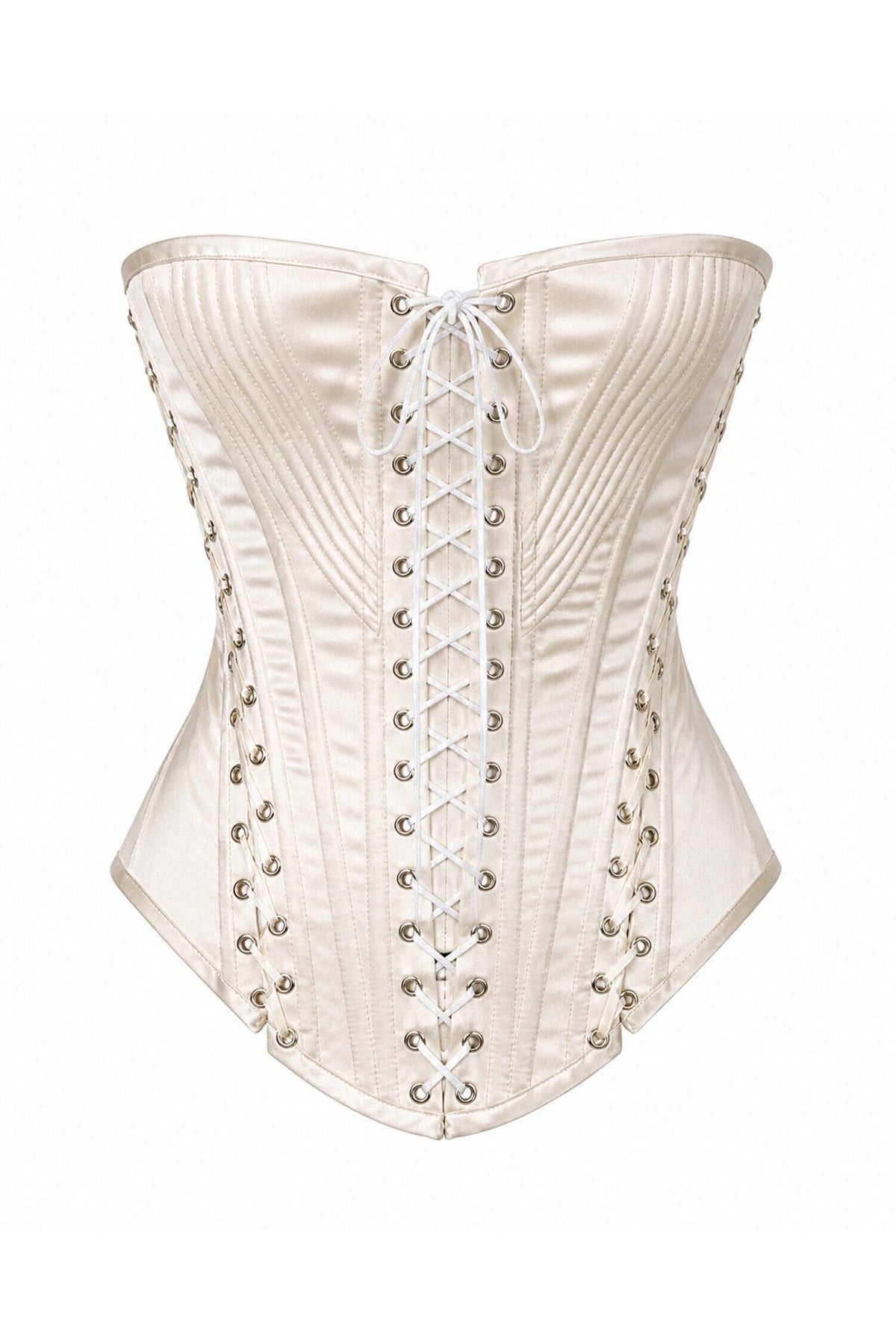 Allura Corset — front view, handmade luxury silk corset by Faye Dreamgirl